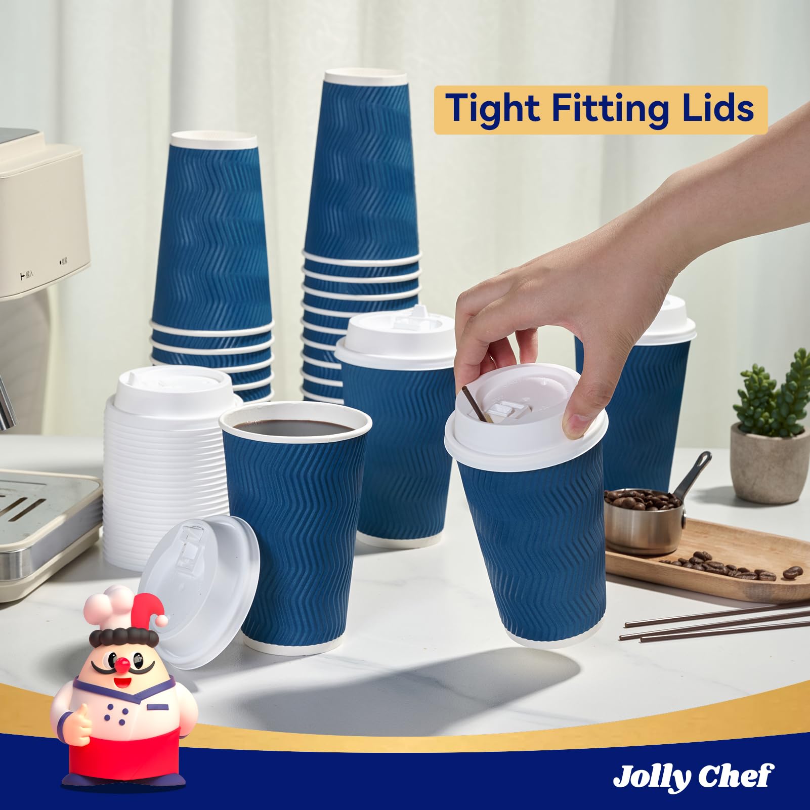 JOLLY CHEF 16oz Coffee Cups with Lids, 80 Pack Disposable Hot Paper Coffee Cups with Lids and Stirrers, Ideal for Travel, Office, Home, Cafe