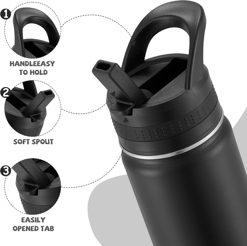 Skiennix 14 Oz Kids Water Bottle - Insulated Stainless Steel, Leak-Proof & BPA-Free | Black