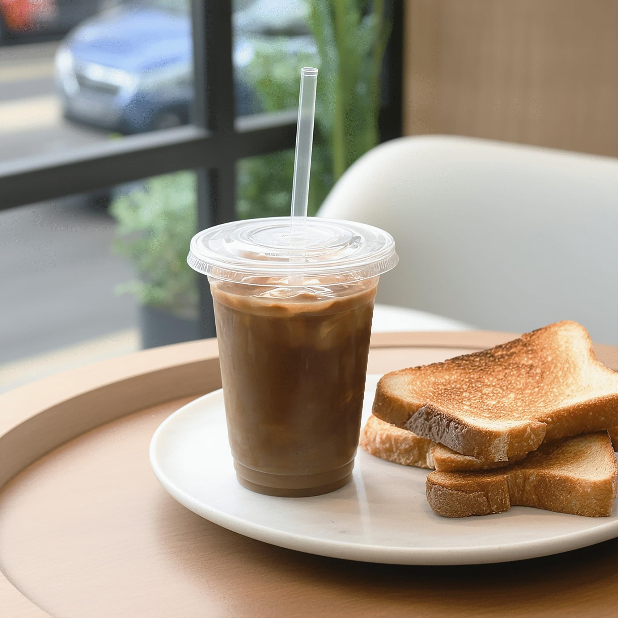 TashiBox TahiBox Plastic cups with lids and straws 16 oz 100sets [100 cups & 100 flat lids & 100 straws],clear crystal disposable iced coffee cups with lids