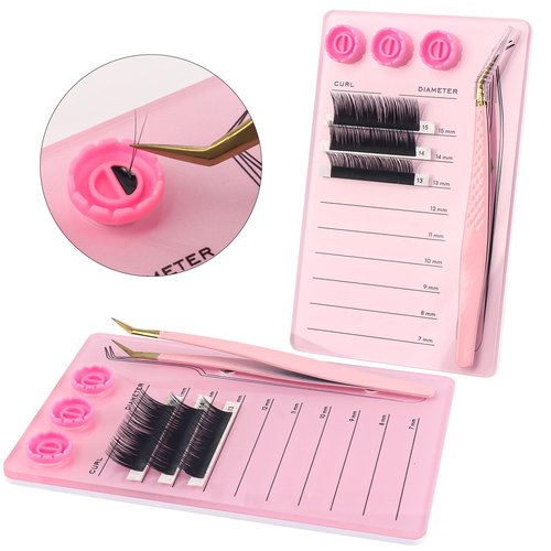 Mekupeu Acrylic Eyelash Extension Pallet Kits, Grafting False Eyelash Organizer Extension Pad Lash Tray,Magnetic Tweezer Holder - Durable Eyelash Extension Storage Organizer (Pink sets)