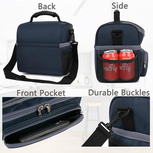 FlowFly Double Layer Cooler Insulated Lunch Bag Adult Lunch Box Large Tote Bag for Men, Women, With Adjustable Strap,Front Pocket and Dual Large Mesh Side Pockets,Cyan