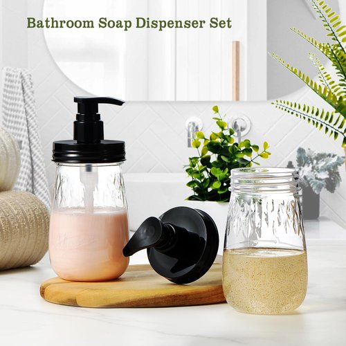 Amolliar Plastic Soap Dispenser with Pump Lid, 16 Oz Refillable Bathroom Hand Dish Soap Dispenser Set, Clear Kitchen Liquid Dispenser with Cute Lables for Farmhouse Shower (2 Pack, Black)