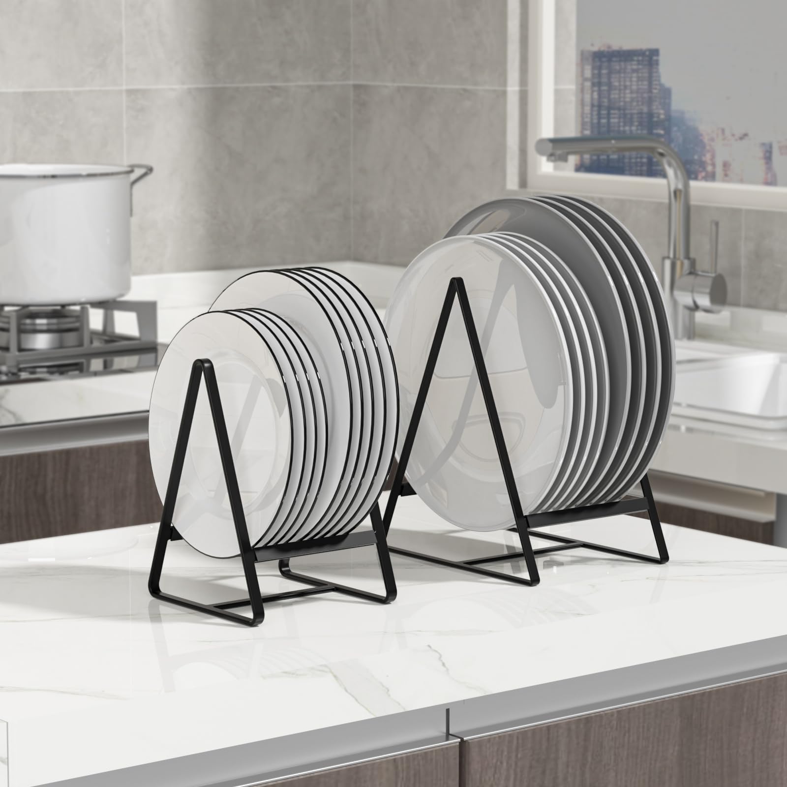 Hikinlichi 2 Large 1 Small Triangle Plate Holders Organizers Upright Cabinet Dish Drying Racks Metal Plate Dish Organizers Racks Stands for Countertop and Cupboard White