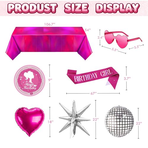 Hot Pink Birthday Party Decorations 99 Pcs, Pink Happy Birthday Party Decorations for Women, Girl with Banner, Hanging, Backdrops, Foil Balloons, Tableware, Tiara, Sash, Sunglasses