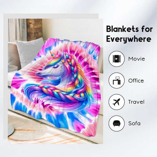 UNIKITTY Girls Blanket, Unicorn Blanket Gifts for Girls Women, 60"x80" Tie Dye Rainbow Throw, Fuzzy Flannel Kids Throws for Unicorn Lovers
