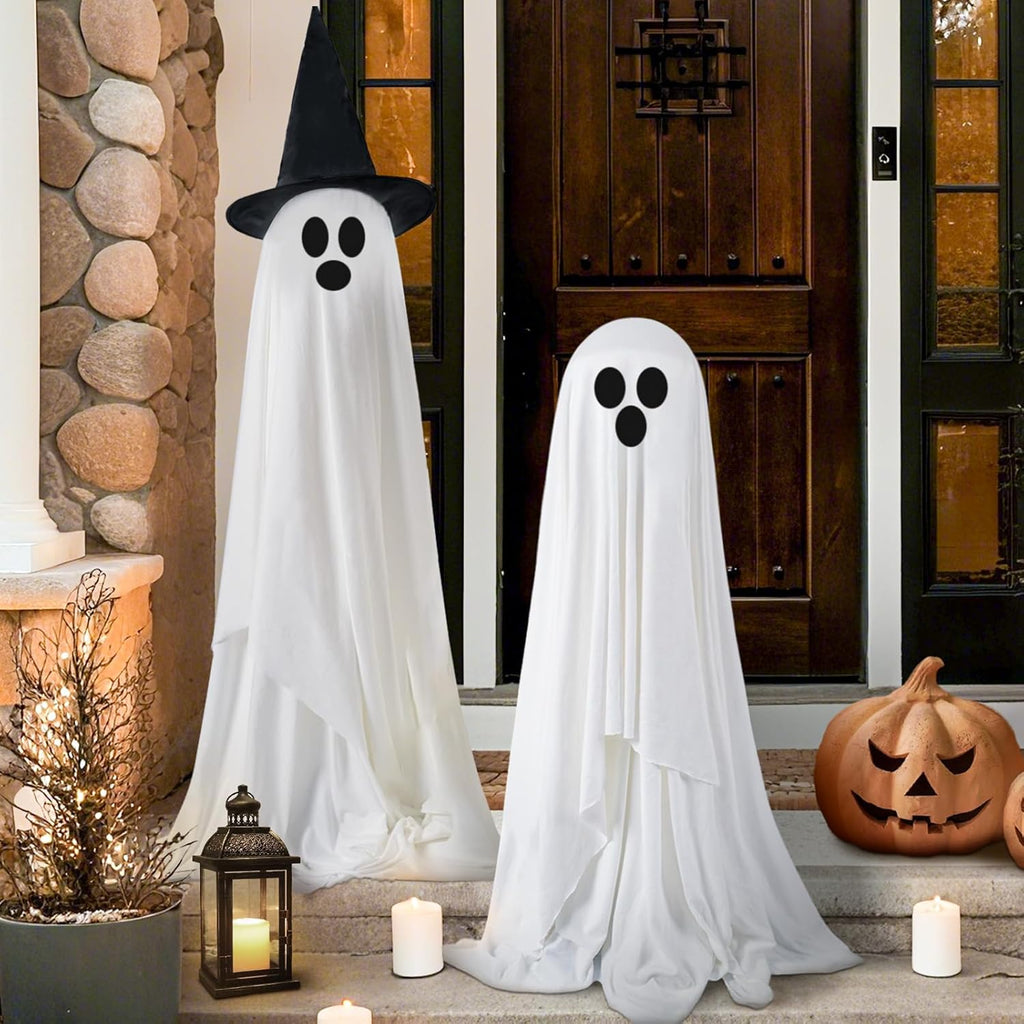 Skiennix Halloween Decorations - Light-Up Spooky Ghosts with LED Strips & Witch Hats | 2 Large Indoor/Outdoor Decor