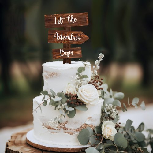 Party to Be Let the Adventure Begin Cake Topper in Wood Rustic Cake Decoration for Wedding & Baby Shower