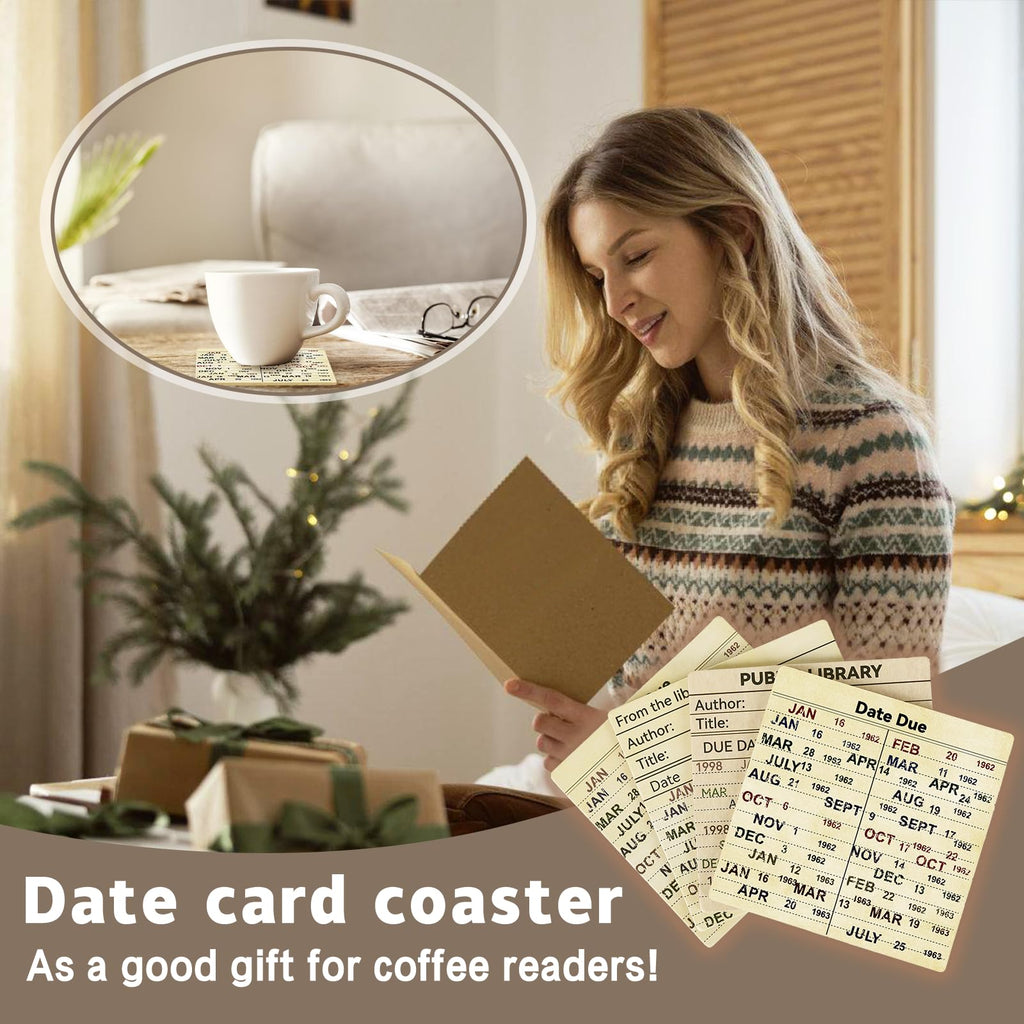 24 Pcs Library Due Date Card Book Coasters, Book Themed Party Favors Book Club Gifts for Book Club Decorations Library Decor Bookish Gifts Librarian Giftss