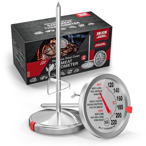 AWLKIM Stainless Steel Meat Thermometer - Safe Leave-In Oven Design | 2.5-Inch Extra-Large Dial for Cooking, Baking, Steak, Turkey - Silver