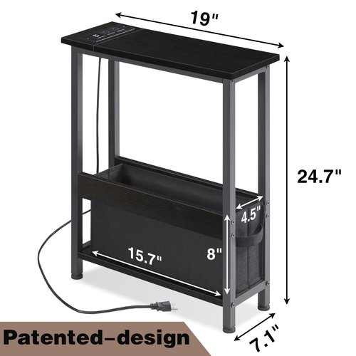 BAMGROW Slim Charging End Table with Storage - for Small Spaces and Bedroom (Black)