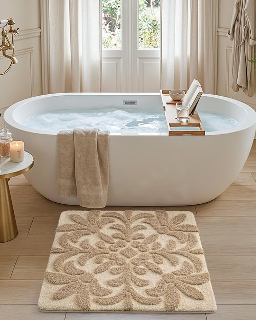 DEXI Bathroom Rug 24x24, Non Slip Washable Bath Mat, Absorbent Soft Microfiber Bathmat, Floral Plant Square Carpet for Shower Floor, Beige
