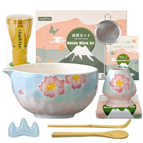 Clay&Fire Matcha Whisk Set，9 Pcs Ceramic Matcha Set, 15 OZ Matcha Bowl with Spout and Whisk，Matcha Kit for Friend, Ideal Gift for Matcha Lover（Cherry Bloom）