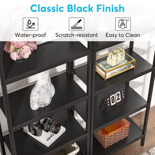 LITTLE TREE 4-Tier Arched Bookshelf, Tall Open Bookcase Storage Shelves, Wood Metal Freestanding Display Rack Tall Shelving Unit for Home Office, Bedroom, Living Room, Industrial Black
