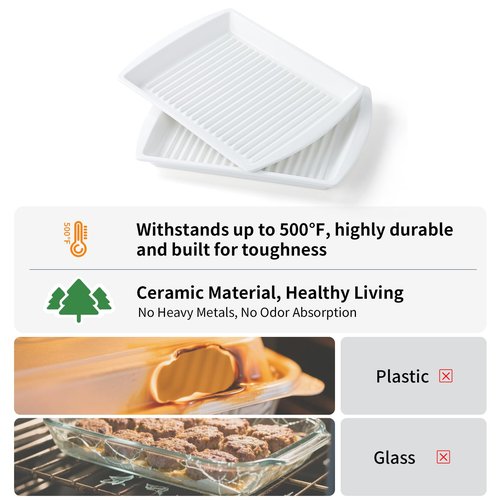 Dizada Microwave Bacon Tray 13"x10" Set of 2 - Porcelain Bacon Cooker for Microwave, Ceramic Bacon Rack for Sausages, Hot Dogs, Dishwasher Freezer Safe
