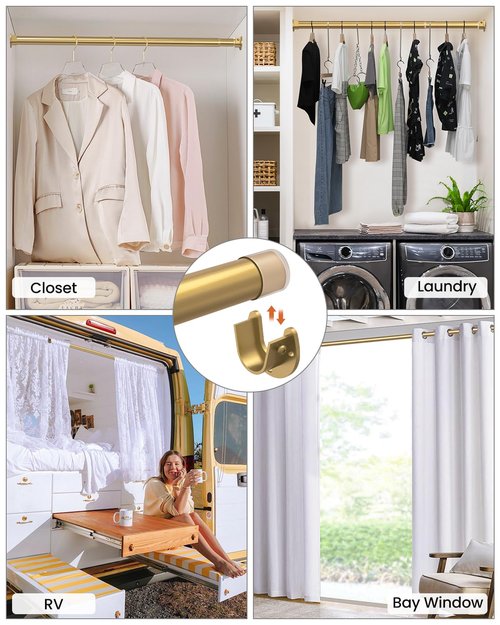 Supforce Closet Rods for Hanging Clothes, 17 to 54 Inches Stepless Adjustable Metal Closet Rod, 1.3 Inches Heavy Duty Clothes Hanging Rod for Closet Wardrobes Laundry RV, Golden