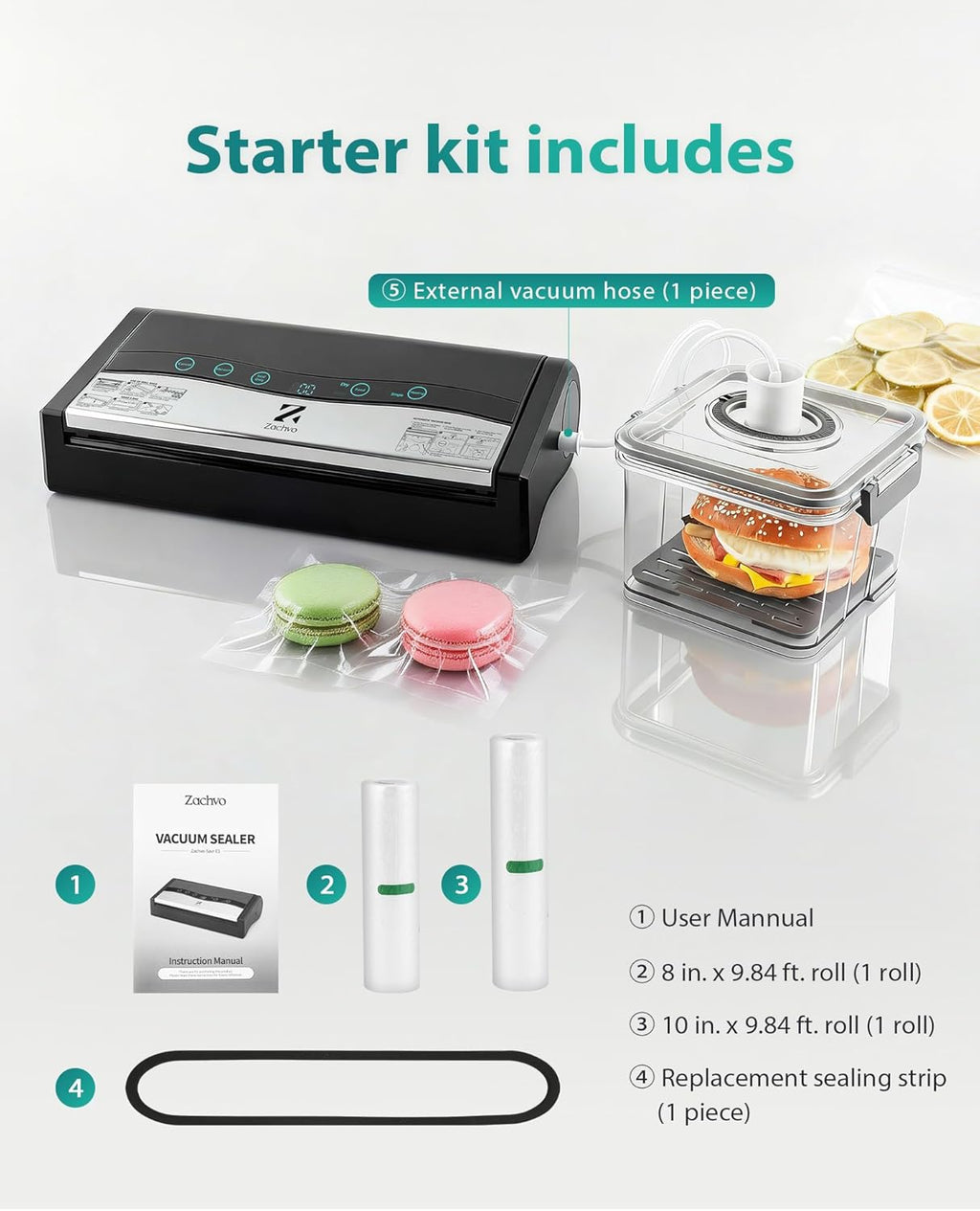 Skiennix Vacuum Sealer Machine - Automatic Food Sealer with Double Heat Seal & Built-in Cutter | Black Starter Kit