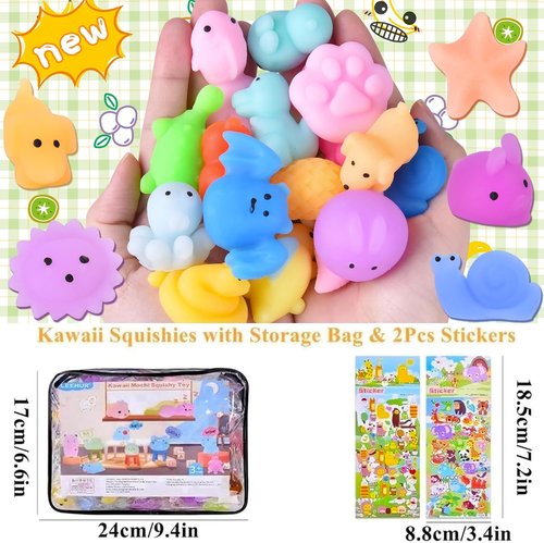 LEEHUR Kawaii Squishies - 100PCS Mini Stress Relief Fidget Toys for Kids' Party Favors | Includes Storage Bag