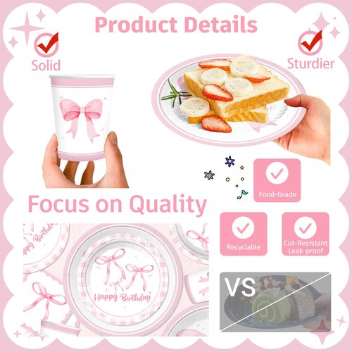 180pcs Coquette Birthday Decorations Include Coquette Plates and Napkins Set Banner Hanging Balloon Tablecloth Cake Topper Cupcake Toppers, for Girls Pink Bow Birthday Party Decorations, Serves 25