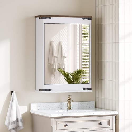YATINEY Bathroom Medicine Cabinet with Mirror, Bathroom Mirror with Storage, Wall Storage Cabinet, with Single Mirror Door and 2 Shelves, for Laundry Room, Kitchen, Living Room, White