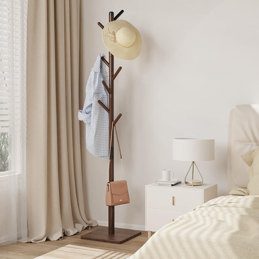 YheenLf Coat Rack Freestanding with Stable Square Base for Cloathes, Hat, Used in Bedroom, Office and Entryway, Sturdy and Easy Assembly Coat Tree with 3 Adjustable Sizes and 8 Hooks, Brown