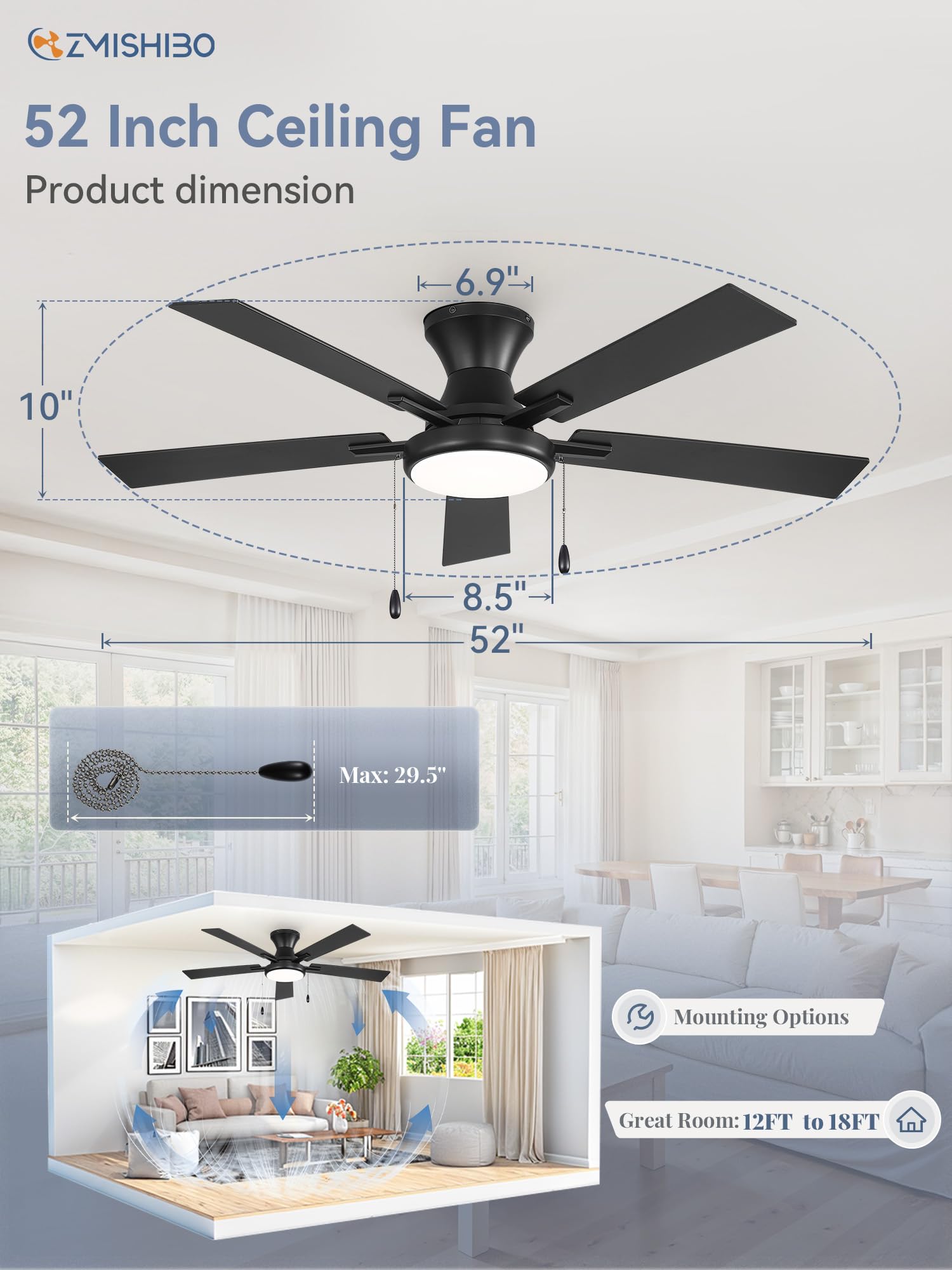 ZMISHIBO 52inch Ceiling Fans with Lights, Low Profile Ceiling Fan with Pull Chain and Remote Control, Flush Mount, Reversible, Dimmable, Noiseless, Black Pull Cord Ceiling Fan for Bedroom