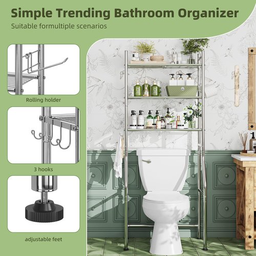 Simple Trending 3 Tier Over The Toilet Rack, Bathroom Shelves with 4 Hooks and Paper Holder, Bathroom Stand Organizer Space Saver, Chrome