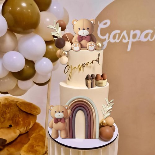 SONICEBUY 33Pcs Bear Cake Topper Boho Rainbow Cake Decorations with Beige Brown Bears Pearl Balls Rainbow Cake Pick for Boy Girl Baby Shower Gender Reveal Wedding Birthday Party Supplies