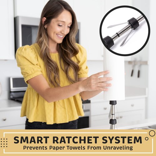Dear Household Stainless Steel Paper Towel Holder Easy One-Handed Operation - This Sturdy Weighted Paper Towel Dispenser Countertop Model Has Suction Cups and Holds All Paper Towel Rolls - White