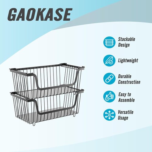 GAOKASE Stackable Wire Baskets - Kitchen Pantry Organizers for Fruits & Vegetables | Black, 4 Pcs