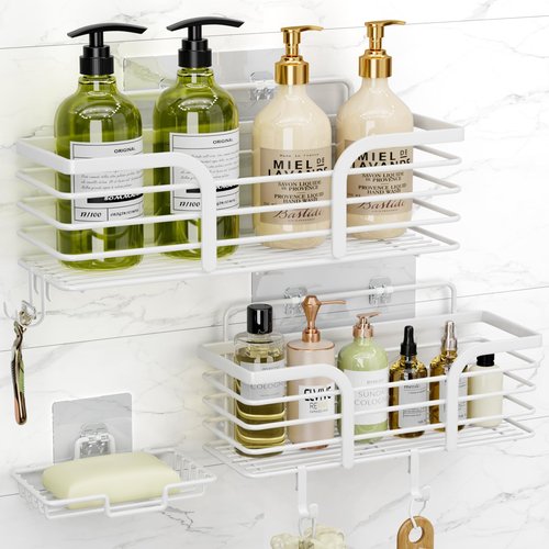 Yougai Shower Caddy, Shower Organizer with Soap Holder and Hooks, Rustproof Shower Shelves, No Drilling Bathroom Organizers and Storage, Wall-Mounted Kitchen & Home Decor (White)