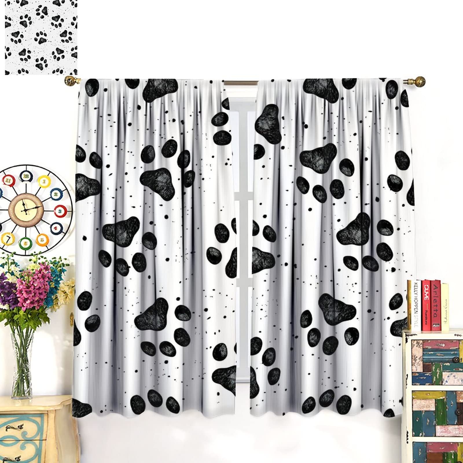 GoDazzling Dog Blackout Windows Curtains, Black Cartoon Dog Paw Print Cute Animal Curtain, for Kids Boys Girls Cute Animals Cartoon for Living Room 42x63in 2 Panels