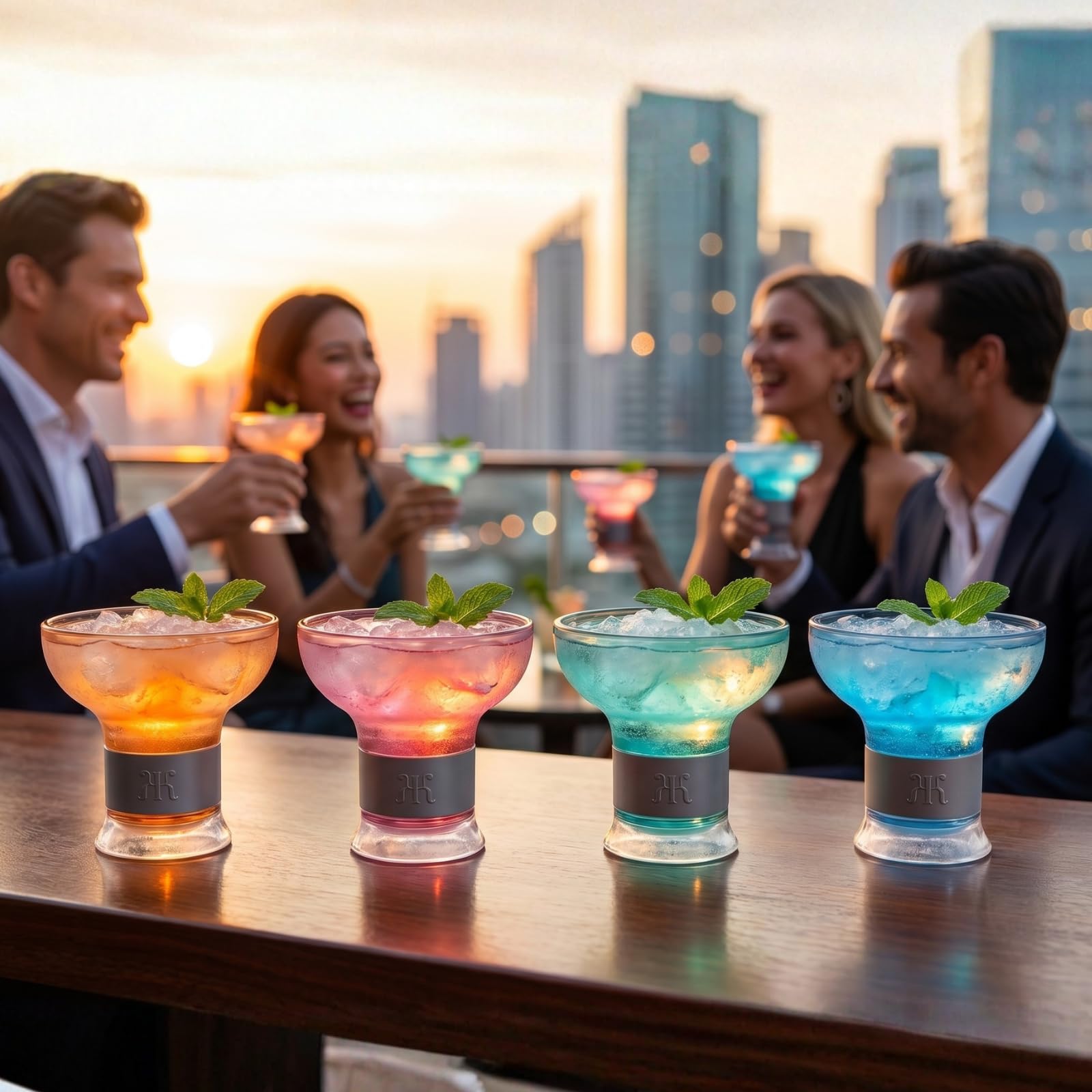 Khen Frozen Margarita & Cocktail Chiller Glasses | Set of 4 | Cooling Cups 12 OZ Unbreakable Tritan Acrylic, Double Wall Insulated to Keep Drink Cool, Freeze Gel Glass Cup, Silicone Holder