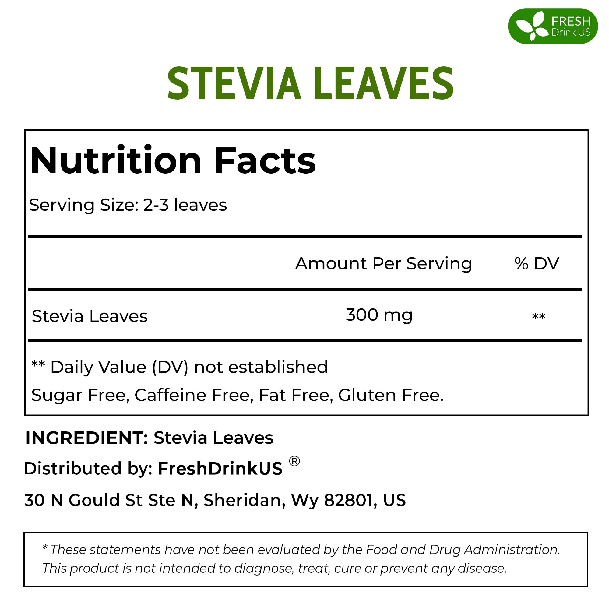 FreshDrinkUS, Premium 2.1oz Natural Stevia Leaves, 100% Pure Stevia Dried Leaves, Zero Calorie Sweetener, No Additives, No Caffeine, Vegan