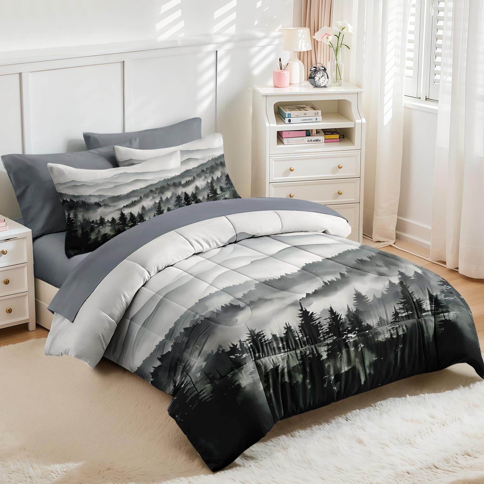 Nesker Comforter Set Queen Size, Ink Forest 7 Pcs Bedding for Kids and Adults, Misty Mountains Bed Sheet Sets with Fitted Sheet 2 Pillowcases & 2 Shams