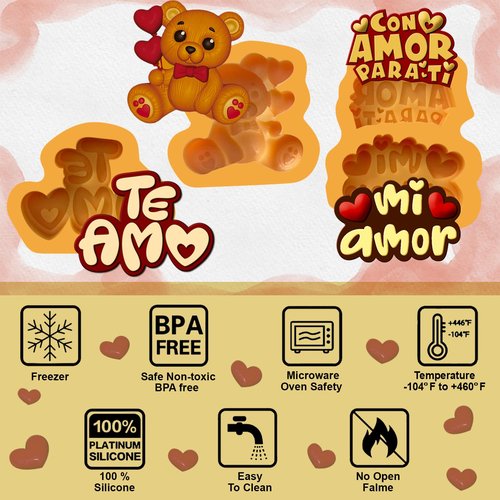 Toni Crafter - te amo 3 pcs Fondant mold perfect size for covered strawberries, letter mold with unique design, Silicone mold phrase love, spanish and english with love heart fondant mold