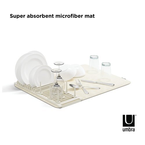 Umbra Udry Dish Rack with Movable Pegs and Microfiber Drying Mat – Space-Saving Design Folds Up for Easy Storage, Basic Rack, Linen