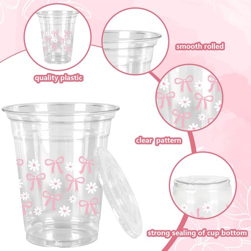 JarThenaAMCS 50 Pcs Pink Bow Plastic Cups with Lids and Straws 12 oz Pink Bow Daisy Clear Plastic Cups Disposable Cups for Mother's Day Birthday Wedding Party Supplies