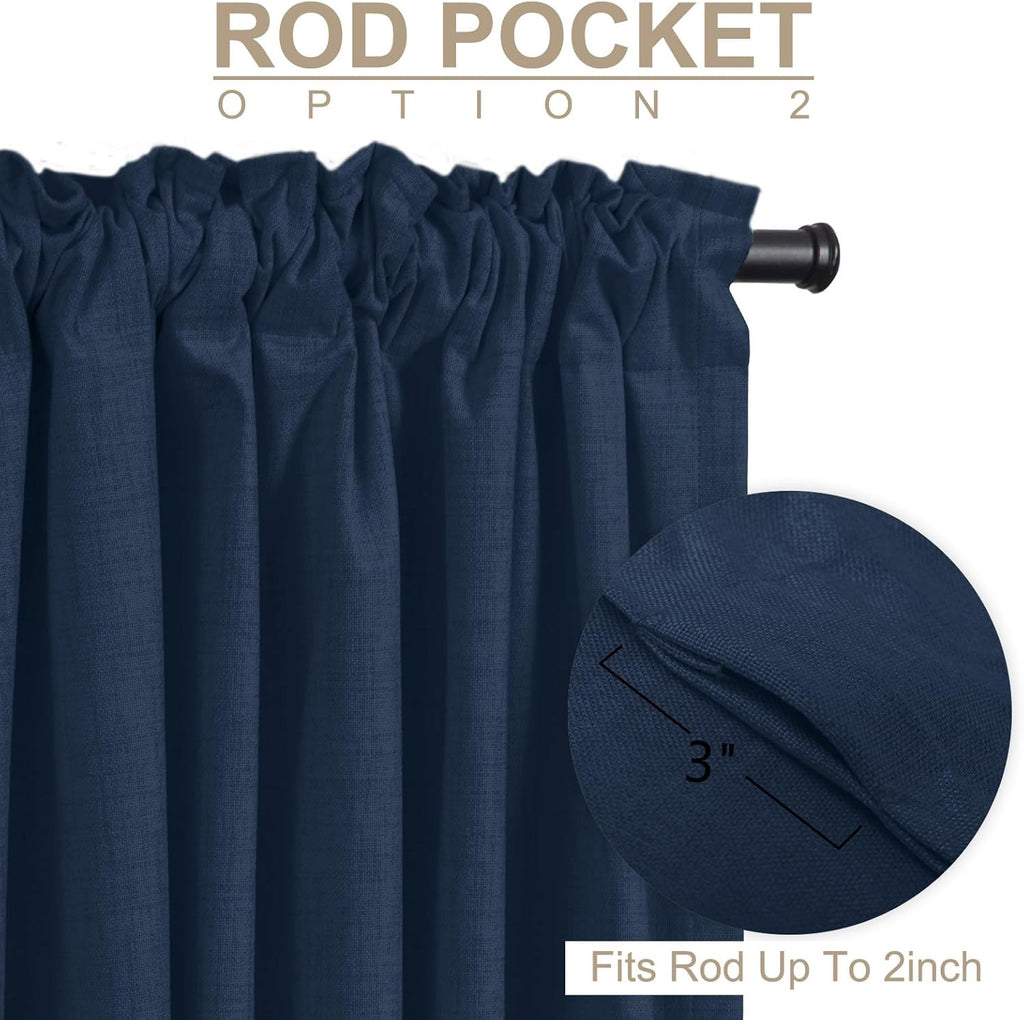 Skiennix 100% Blackout Linen Curtains - Thermal Insulated Drapes for Bedroom | 50" W x 90" L, Midnight Blue