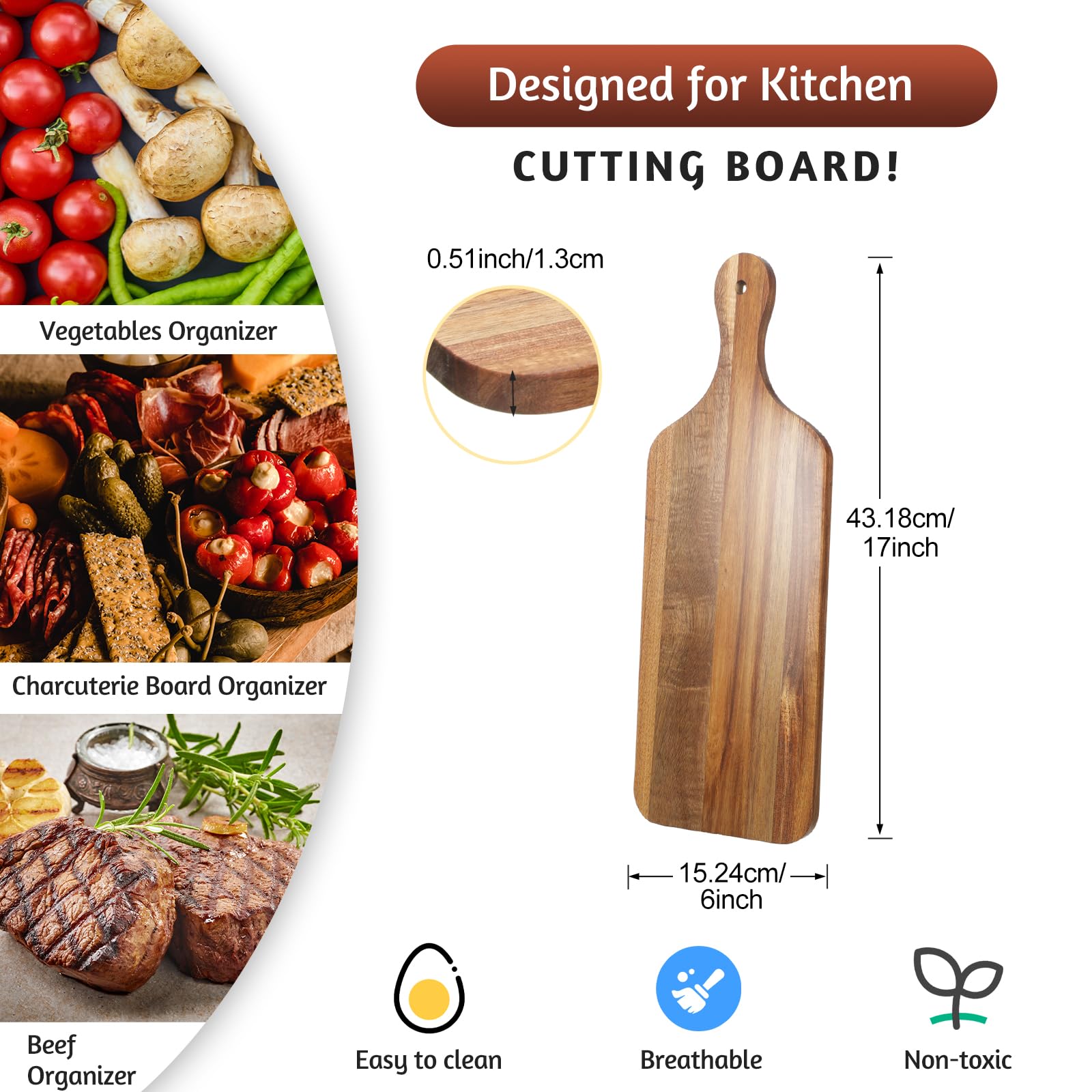 Rtteri 6 Pcs Acacia Wood Cutting Board with Handles Kitchen Thicken Chopping 17 x 6 Inch Wooden Charcuterie Serving Blank Boards Bulk for Engraving Wedding Housewarming Gift