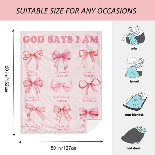 Henazin Christian Gifts For Women, Bow Blanket 60"X50", Religious Catholic Gift For Woman, Baptism Confirmation Gift For Girls Pink, Inspirational Spiritual Birthday Present For Daughter Sister Friend
