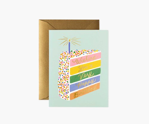 RIFLE PAPER CO. Cake Slice Birthday Cards, Boxed Set of 8 Folded Cards with Metallic Gold Envelopes, Full-Color Illustration, Blank Interior, 4.25" L x 5.5" W