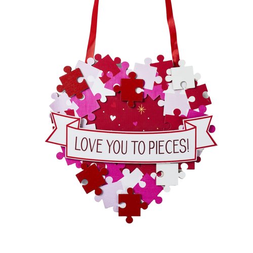 AOMOONOA Valentines Wreath for Front Door, Valentines Day Decorations, Love You to Pieces Door Sign, 3D Foldable Wooden Heart Decor, Romantic Wall Wreath Decoration for Wedding Anniversary