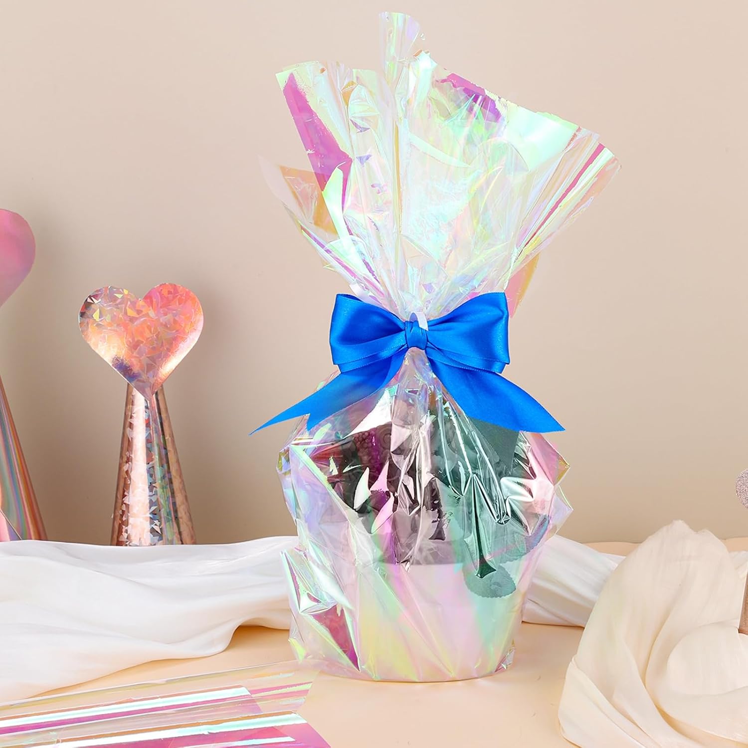 woric 82 Ft X 17 In Cellophane Wrap for Gift Baskets Easter Iridescent Cellophane Wrap Roll Gift Basket Wrapping Plastic for Easter Gifts Basket Stuffers Treats Party Favor Birthday Wedding Crafts