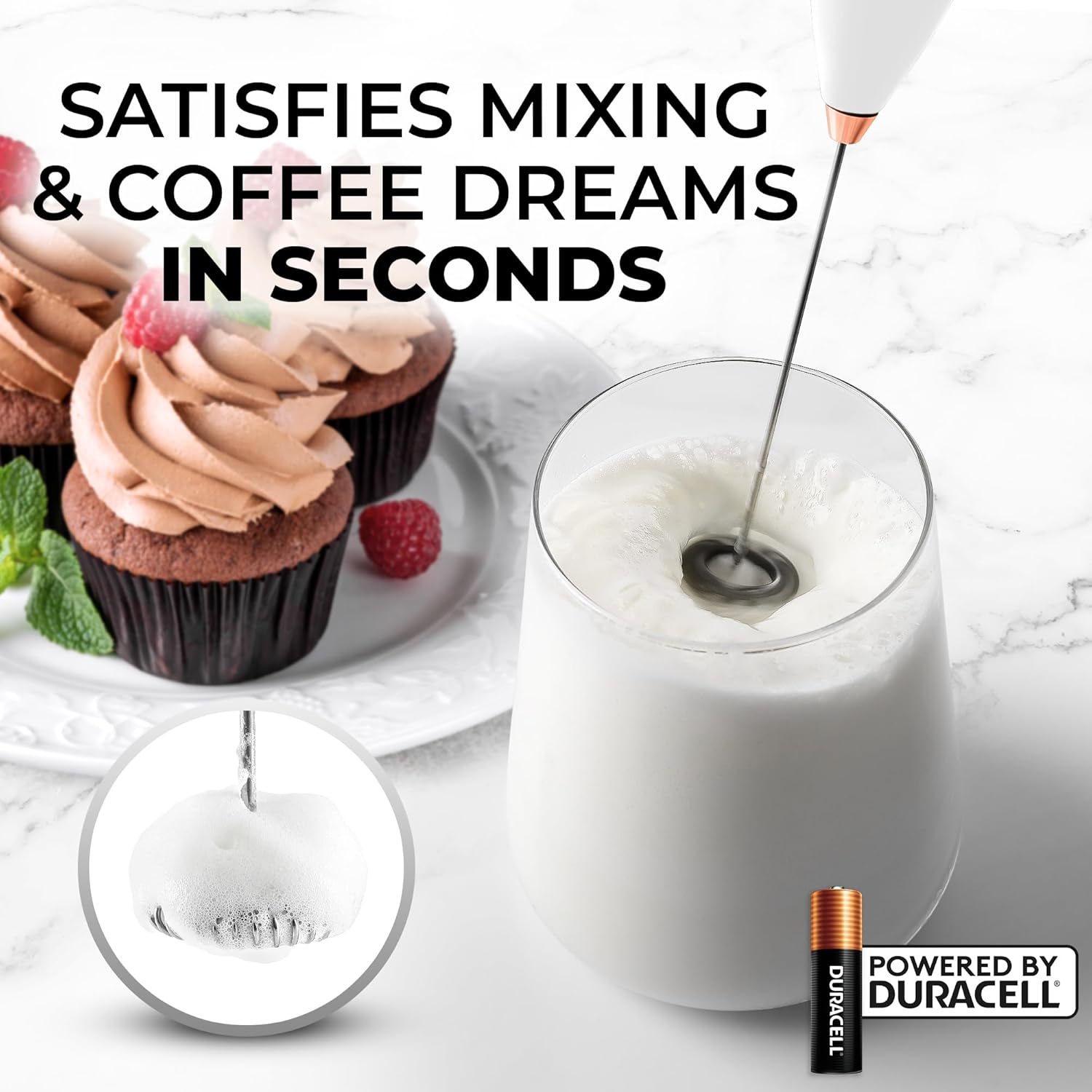 Zulay Kitchen Milk Frother Handheld Electric Whisk with AA Duracell Batteries – Durable Drink Mixer for Coffee, Lattes, Cappuccinos & More - White Rose Gold