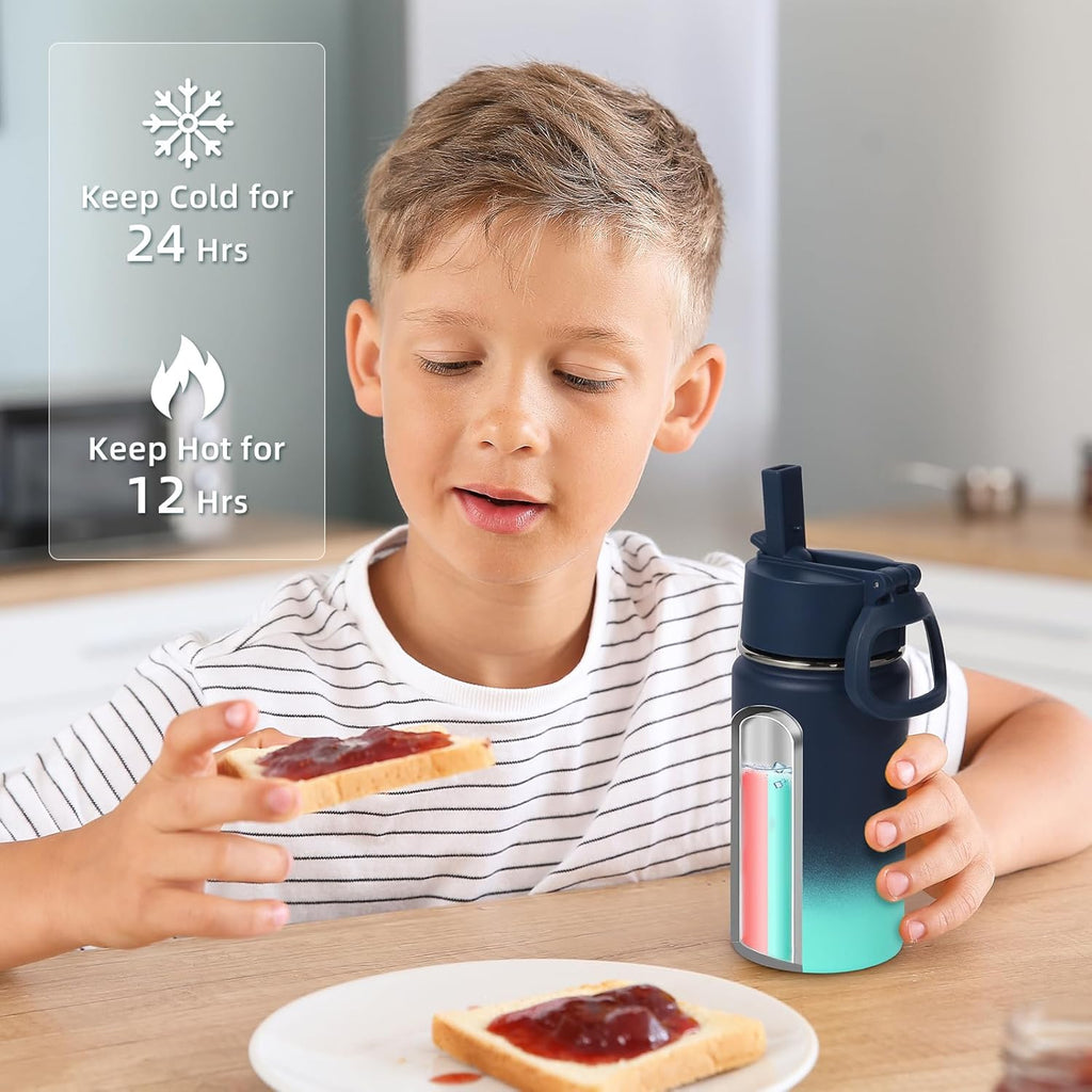 Volhoply 14oz Kids Stainless Steel Insulated Water Bottle - Leakproof Straw Lid & Silicone Boot | BPA-Free, Blue Green