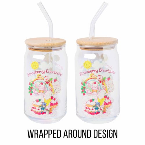Silver Buffalo Strawberry Shortcake Featuring Lemon Meringue, Blueberry Muffin, and Pupcake Glass Jar Tumbler with Bamboo Lid and Glass Straw, 16 Ounces