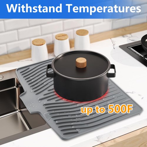 Silicone Dish Drying Mat for Kitchen Counter, Dish Drainer Mat, Non-Slip Drying Pad with Built-in Drain, Kitchen Drying Matt For Counter(18.9" x 11.8", Gray)