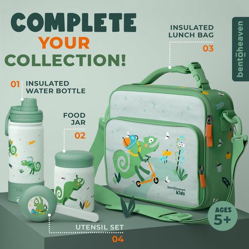 Bentoheaven Kids Water Bottle Stainless Steel for Boys & Girls, 2 Lids (Chug & Straw), Handle & Silicone Boot, Reusable Metal Leak-proof Insulated Tumbler, School & Sports 17oz (Green)