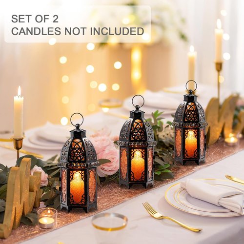DECORKEY Vintage Moroccan Candle Lantern Set - Large 12.8’’ Metal Hanging & Tabletop Decor | Amber Color for Indoor & Outdoor Use