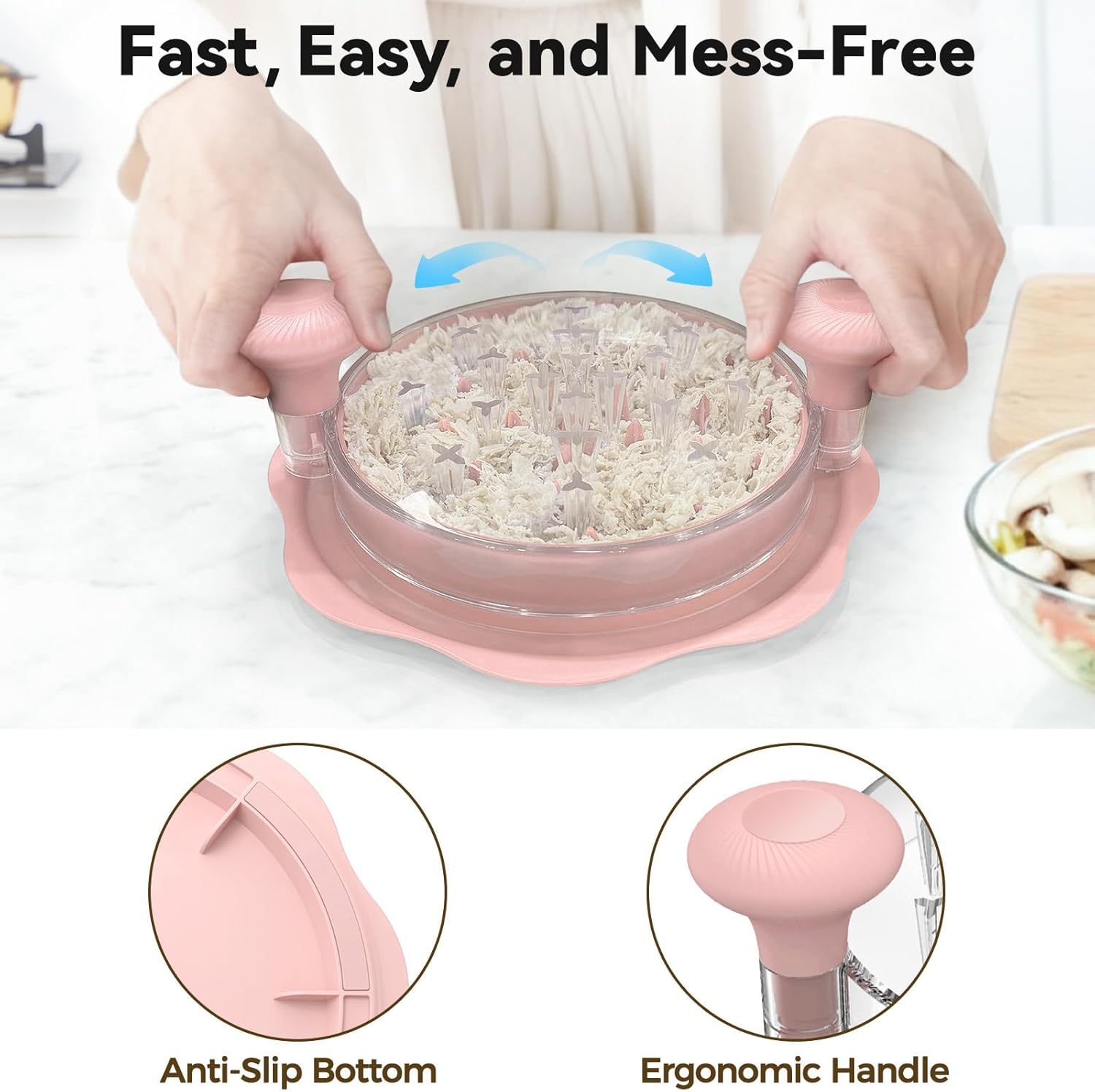 Ukeetap 10" Pro Chicken Shredder Tool - BPA-Free Meat Grinder with Anti-Slip Base & Ergonomic Handle, Pink